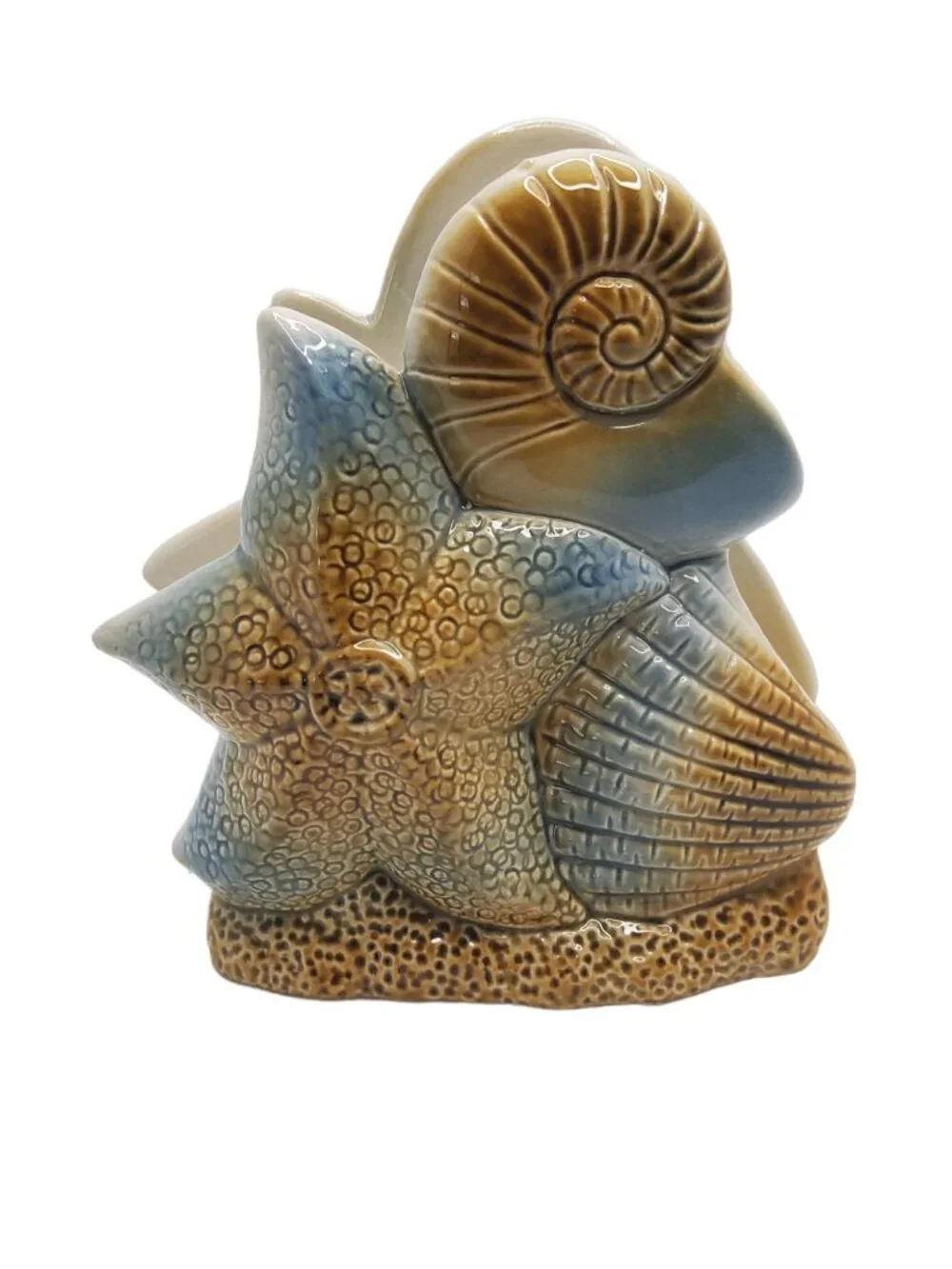 vintage ocean side sea shell ceramic starfish and shell napkin holder